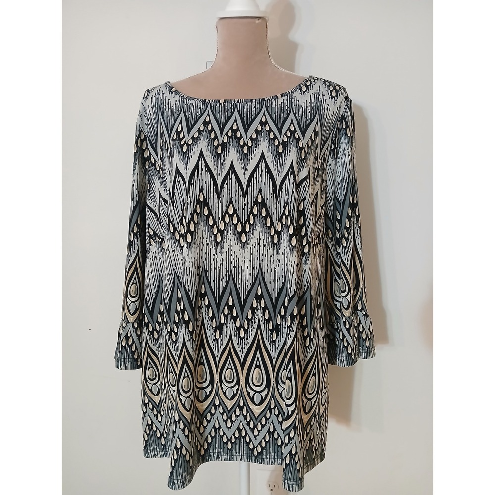 Bob Mackie Wearable Art Womens 2X Ikat Geometric Print Bell Sleeve Tunic Top
